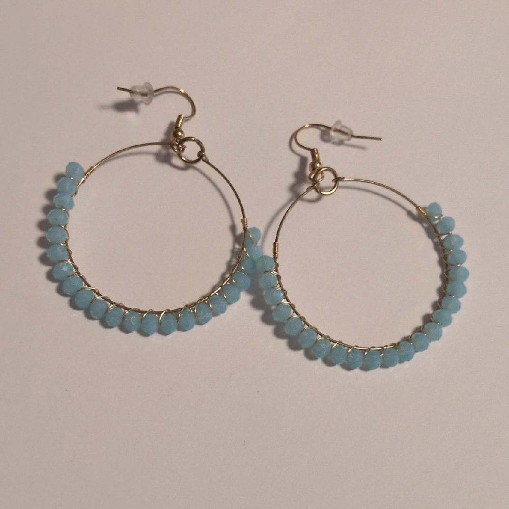 Elegant‎ Gold and Blue Beaded Hoop Earrings 1.5"